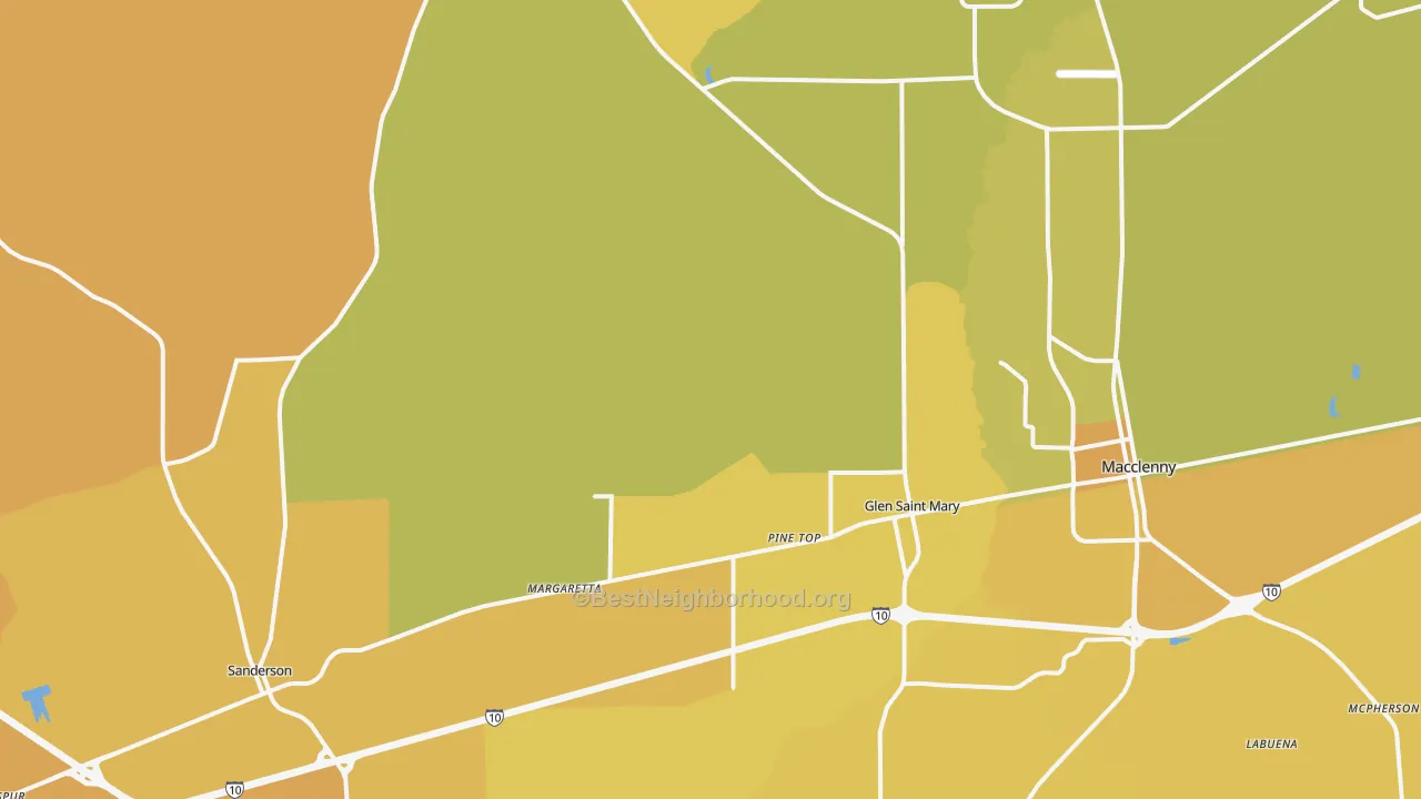 Map of the best neighborhoods in the 32040 area, with better matches in green and worse matches in red