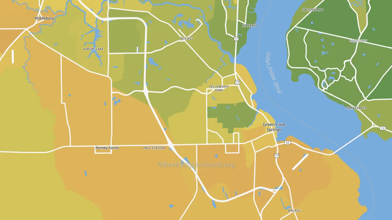 Map of the best neighborhoods in the 32043 area, with better matches in green and worse matches in red