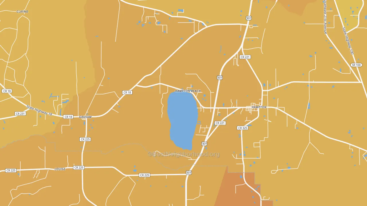 Map of the best neighborhoods in the 32044 area, with better matches in green and worse matches in red