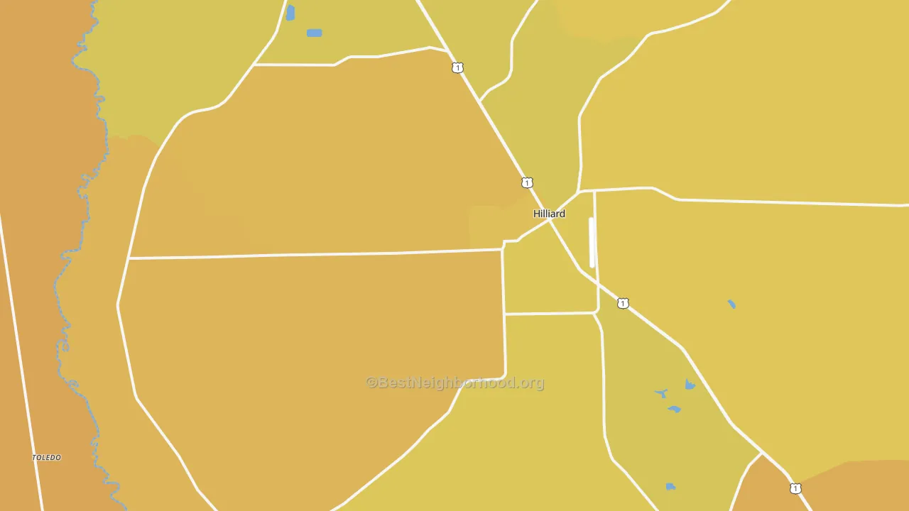 Map of the best neighborhoods in the 32046 area, with better matches in green and worse matches in red