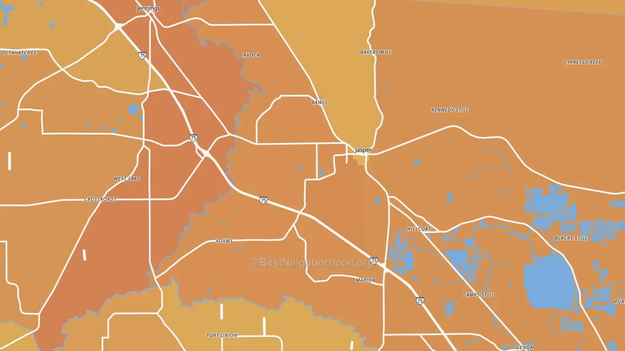 Map of the best neighborhoods in the 32052 area, with better matches in green and worse matches in red