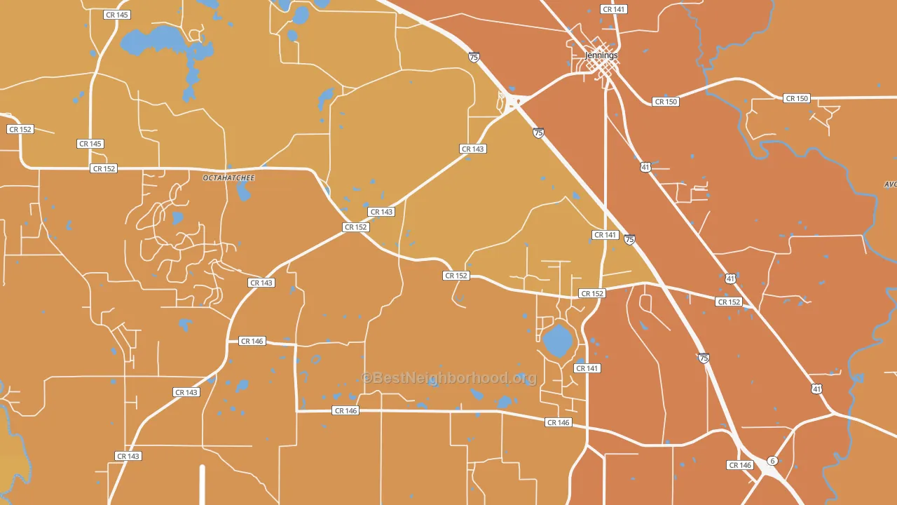 Map of the best neighborhoods in the 32053 area, with better matches in green and worse matches in red