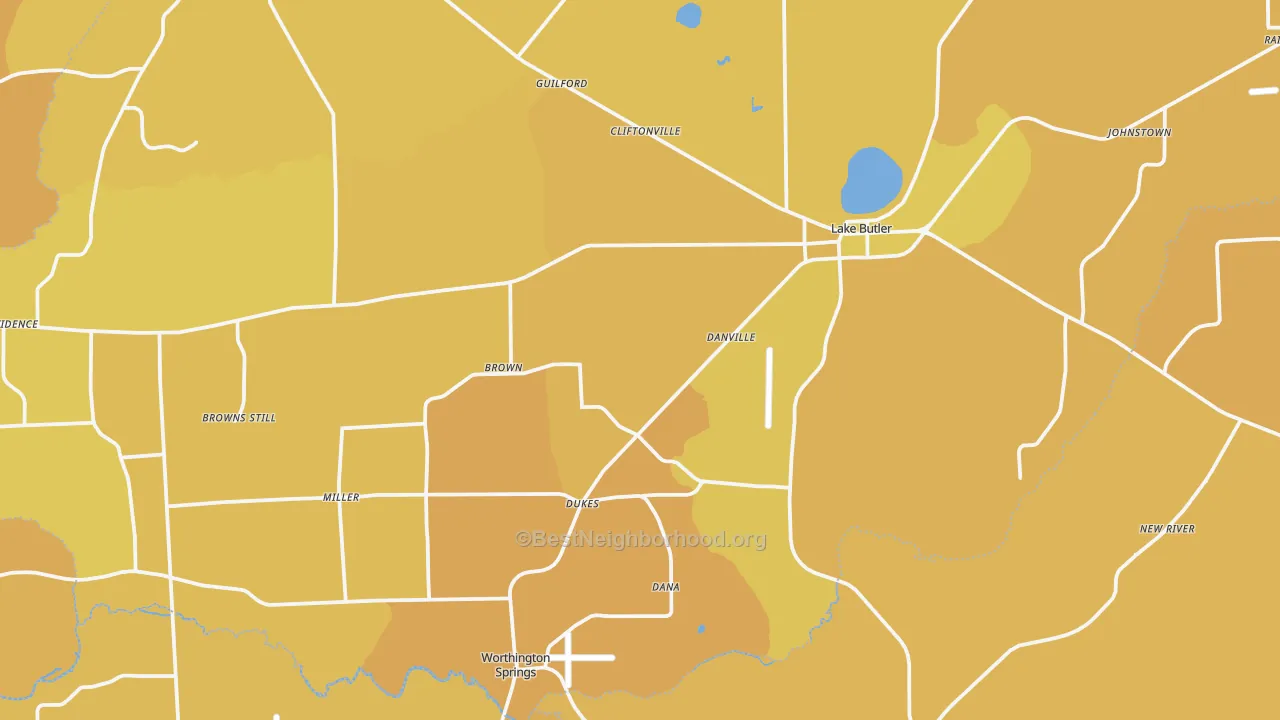 Map of the best neighborhoods in the 32054 area, with better matches in green and worse matches in red