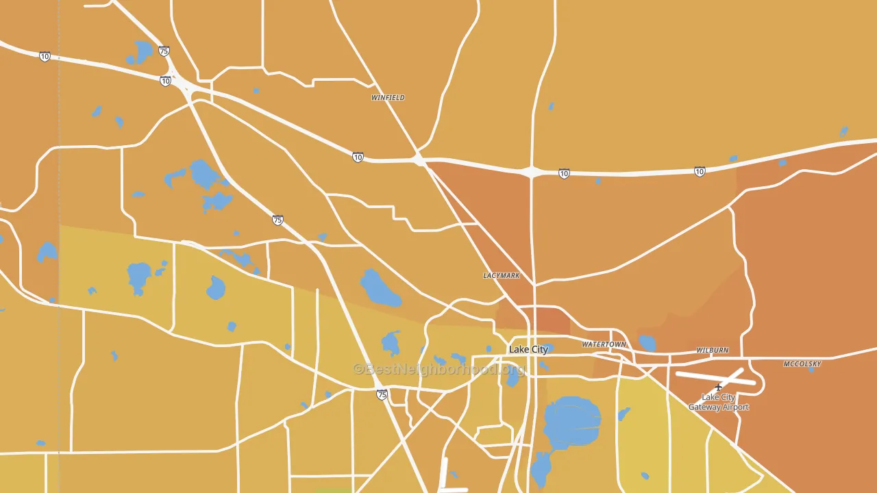 Map of the best neighborhoods in the 32055 area, with better matches in green and worse matches in red