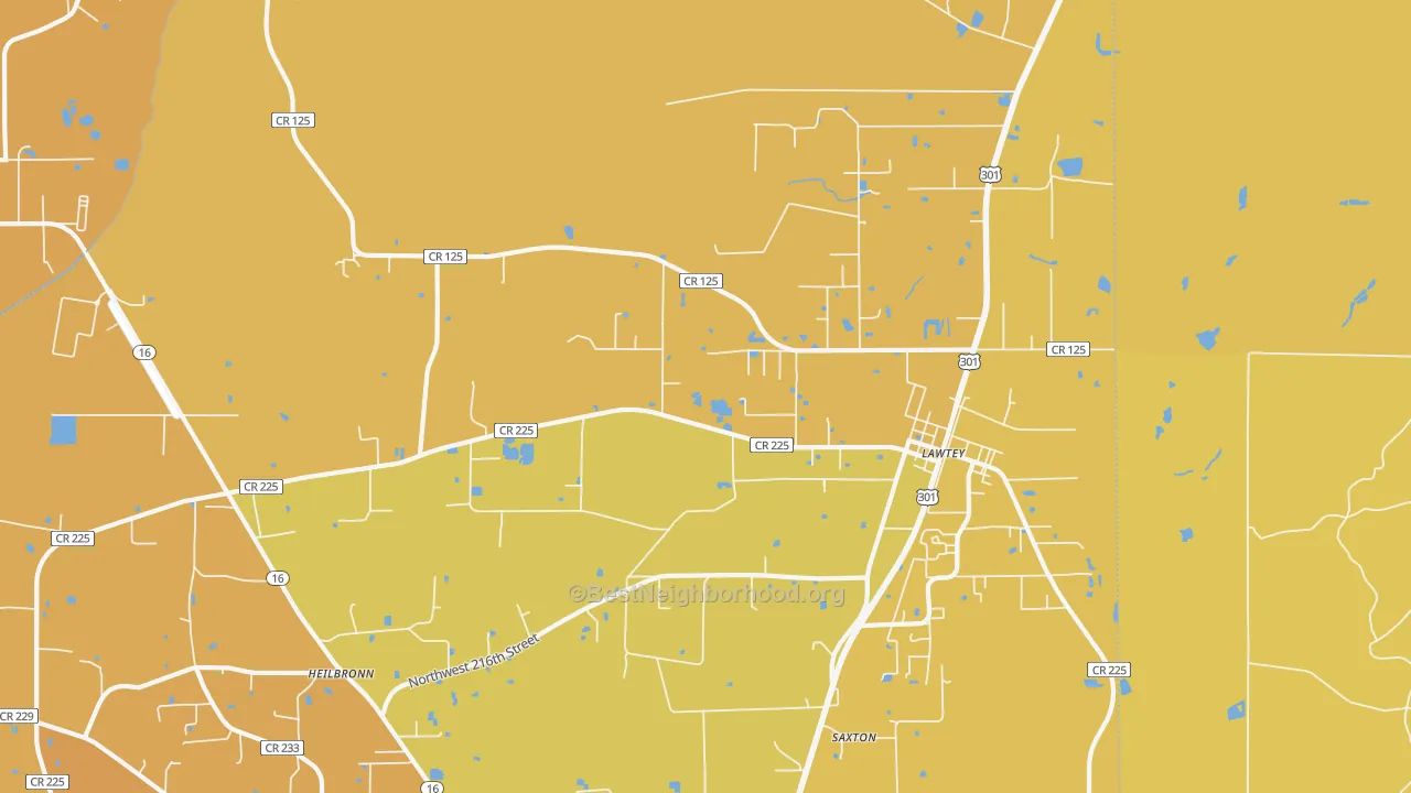 Map of the best neighborhoods in the 32058 area, with better matches in green and worse matches in red