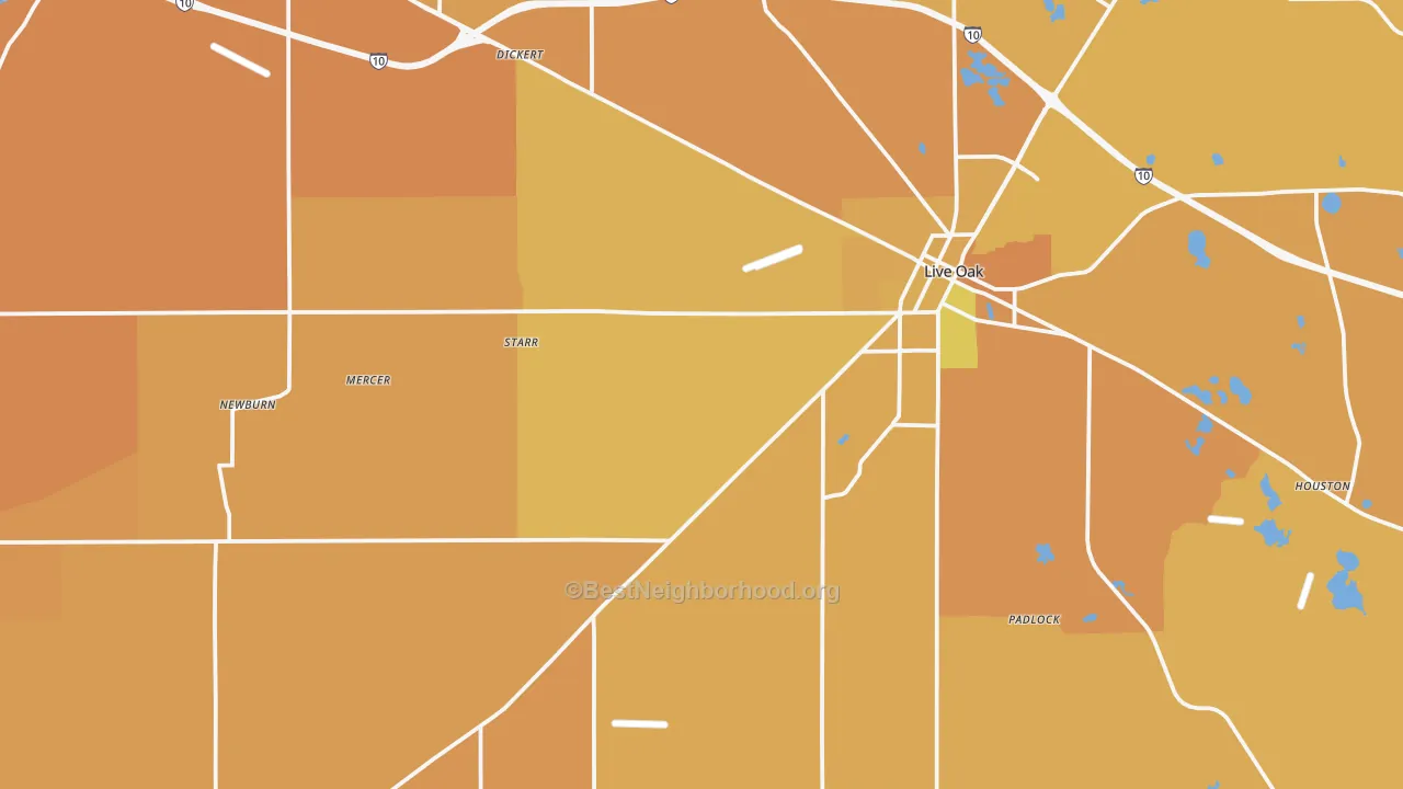 Map of the best neighborhoods in the 32060 area, with better matches in green and worse matches in red