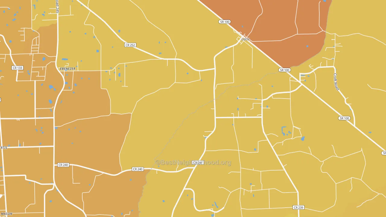 Map of the best neighborhoods in the 32061 area, with better matches in green and worse matches in red