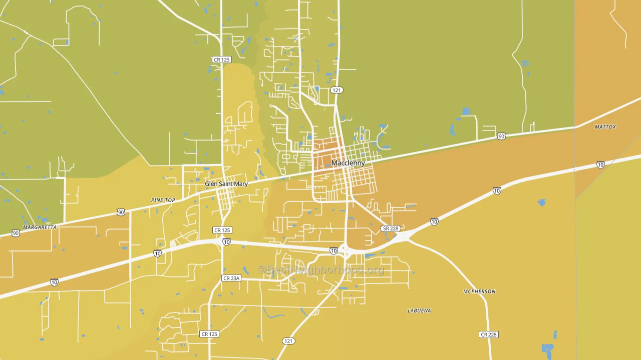 Map of the best neighborhoods in the 32063 area, with better matches in green and worse matches in red