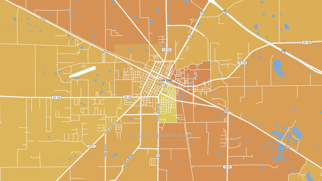 Map of the best neighborhoods in the 32064 area, with better matches in green and worse matches in red