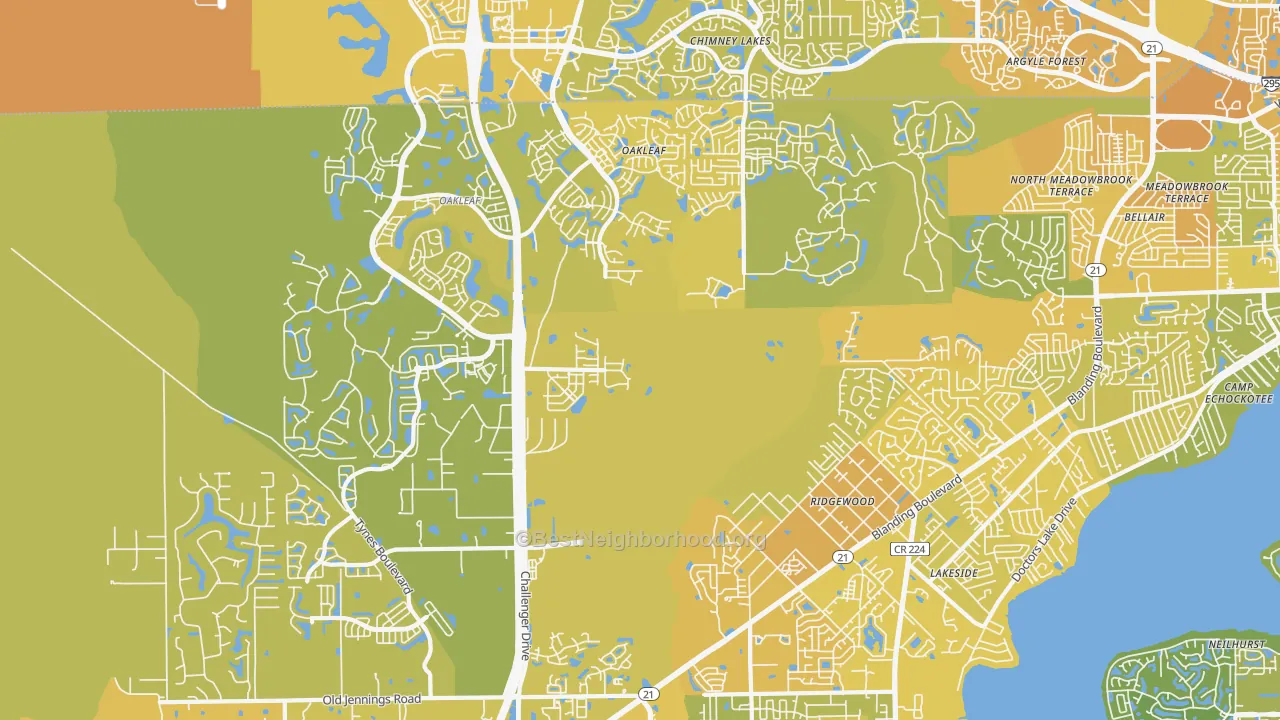 Map of the best neighborhoods in the 32065 area, with better matches in green and worse matches in red
