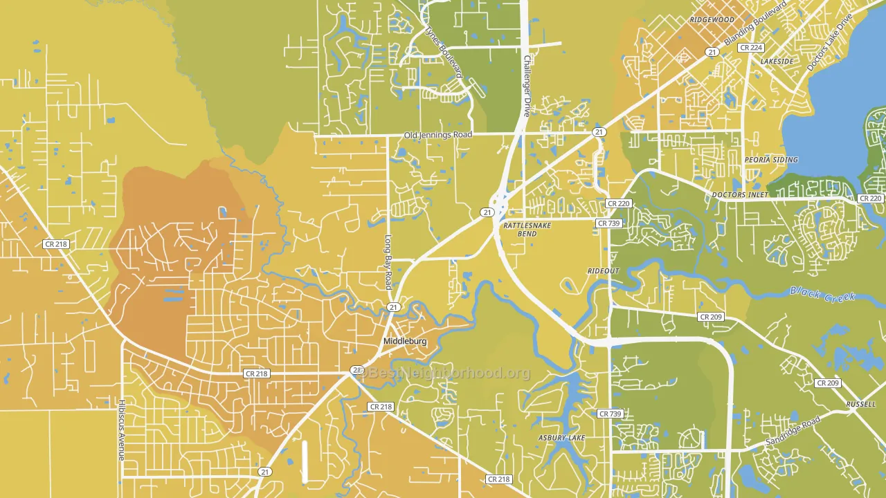 Map of the best neighborhoods in the 32068 area, with better matches in green and worse matches in red
