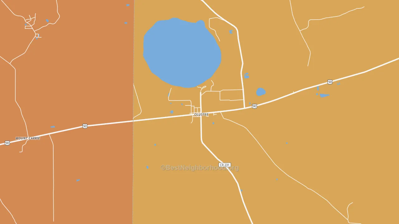 Map of the best neighborhoods in the 32072 area, with better matches in green and worse matches in red