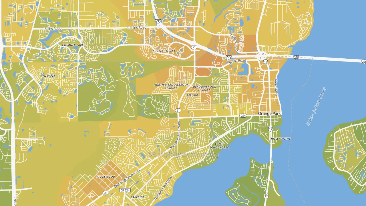 Map of the best neighborhoods in the 32073 area, with better matches in green and worse matches in red