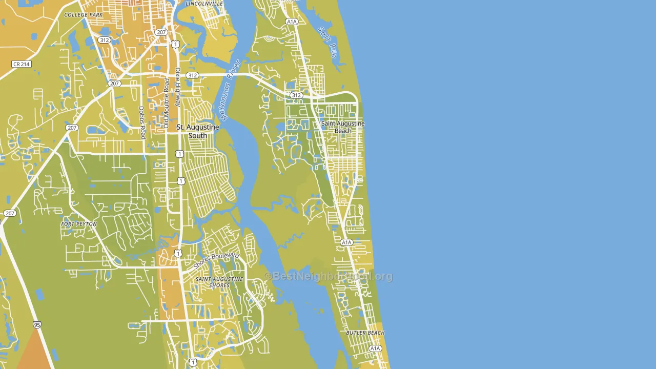 Map of the best neighborhoods in the 32080 area, with better matches in green and worse matches in red
