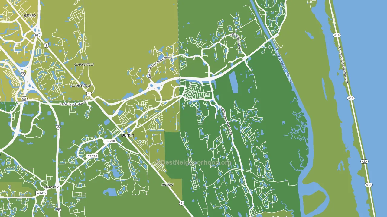 Map of the best neighborhoods in the 32081 area, with better matches in green and worse matches in red