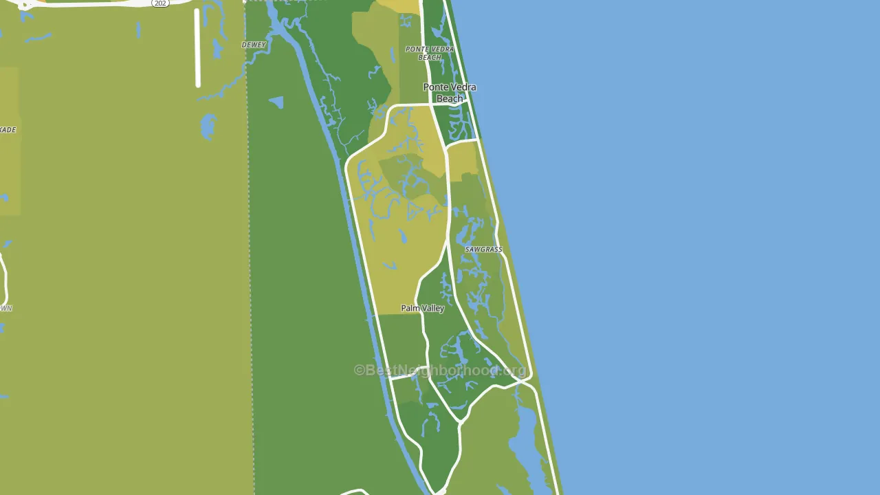 Map of the best neighborhoods in the 32082 area, with better matches in green and worse matches in red
