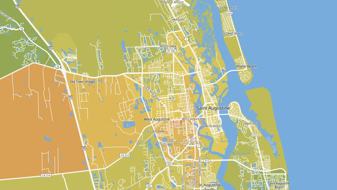 Map of the best neighborhoods in the 32084 area, with better matches in green and worse matches in red