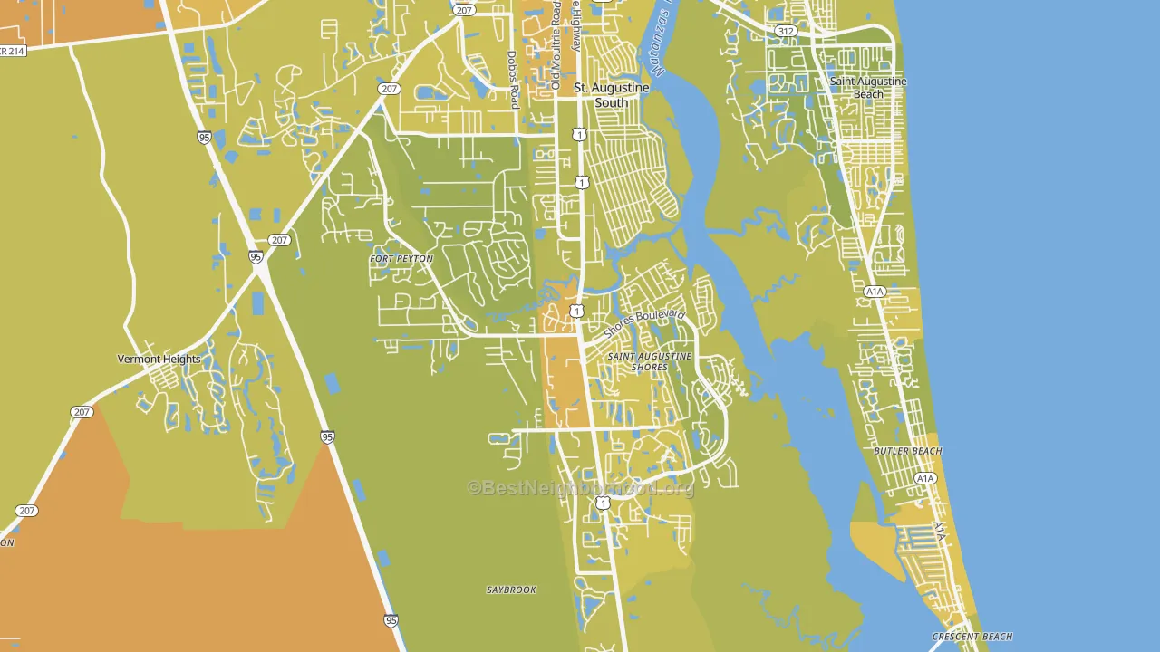Map of the best neighborhoods in the 32086 area, with better matches in green and worse matches in red
