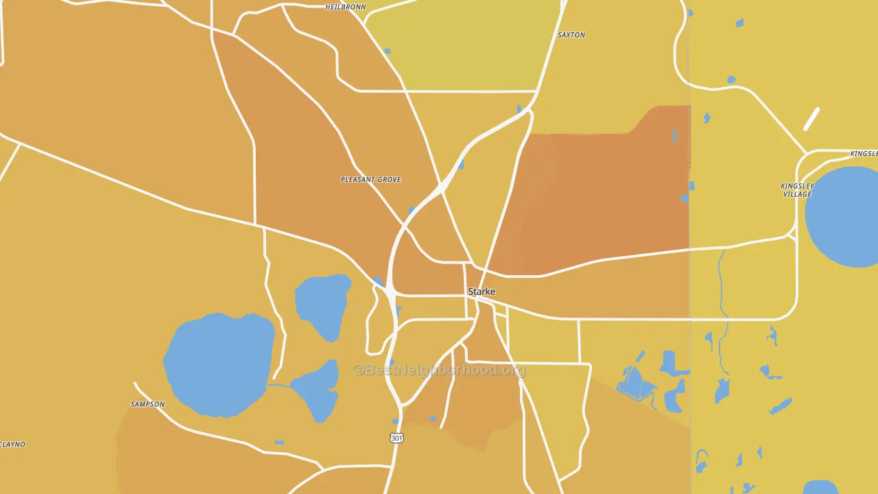 Map of the best neighborhoods in the 32091 area, with better matches in green and worse matches in red