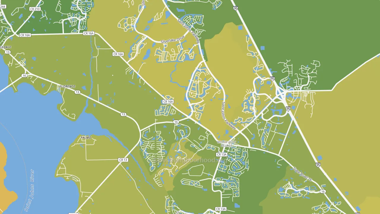 Map of the best neighborhoods in the 32092 area, with better matches in green and worse matches in red