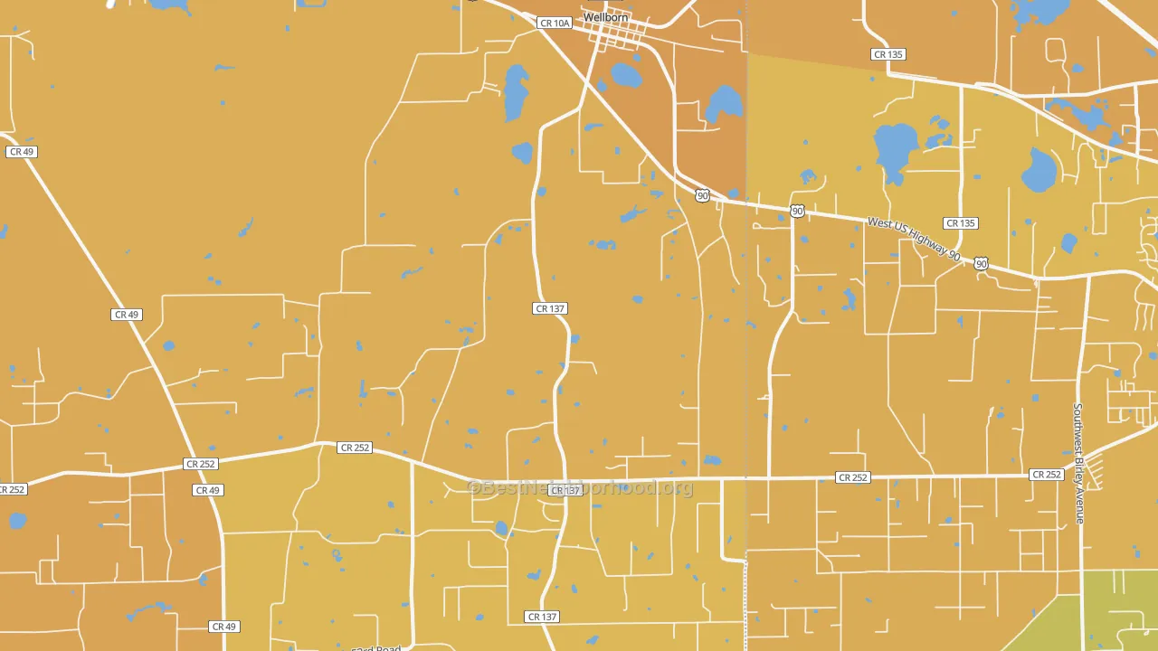 Map of the best neighborhoods in the 32094 area, with better matches in green and worse matches in red