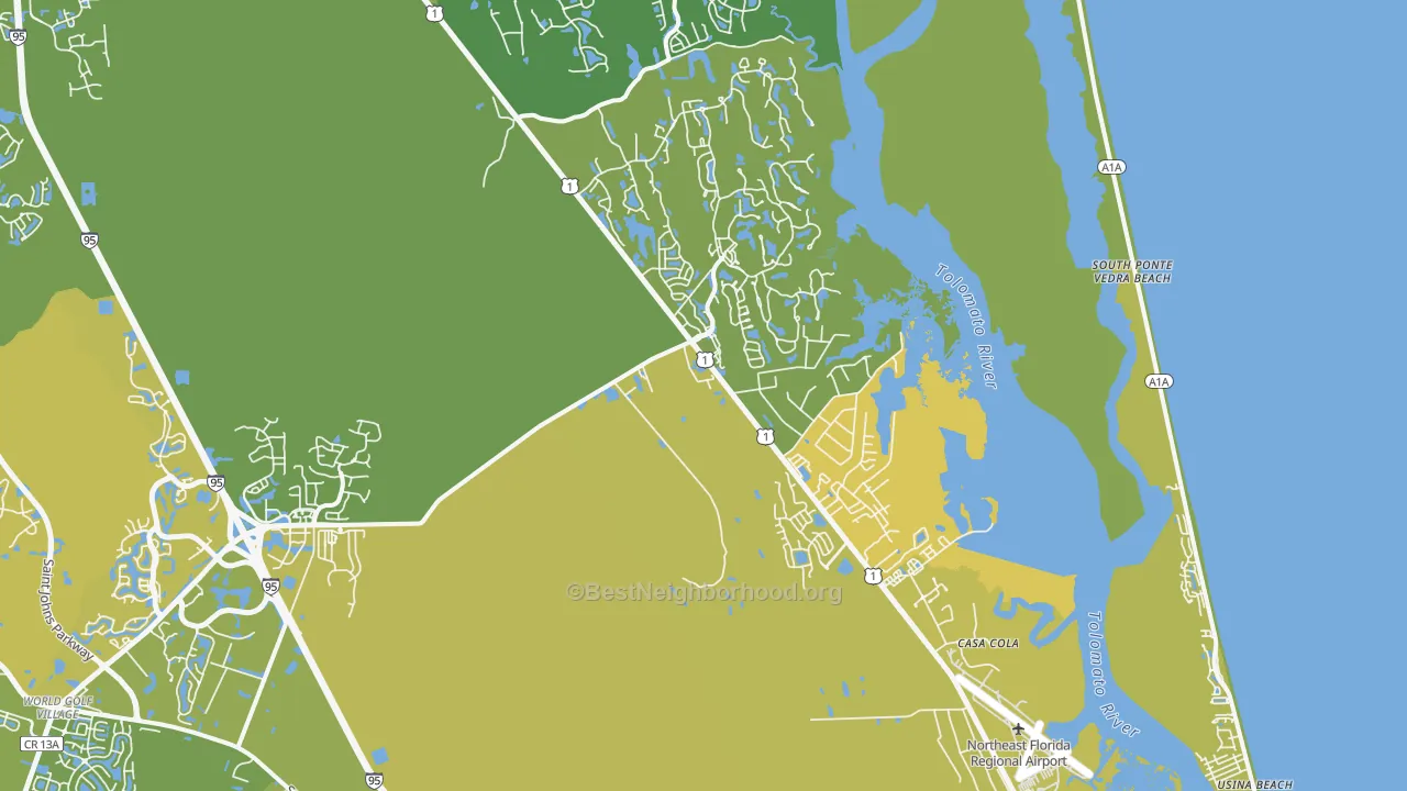 Map of the best neighborhoods in the 32095 area, with better matches in green and worse matches in red