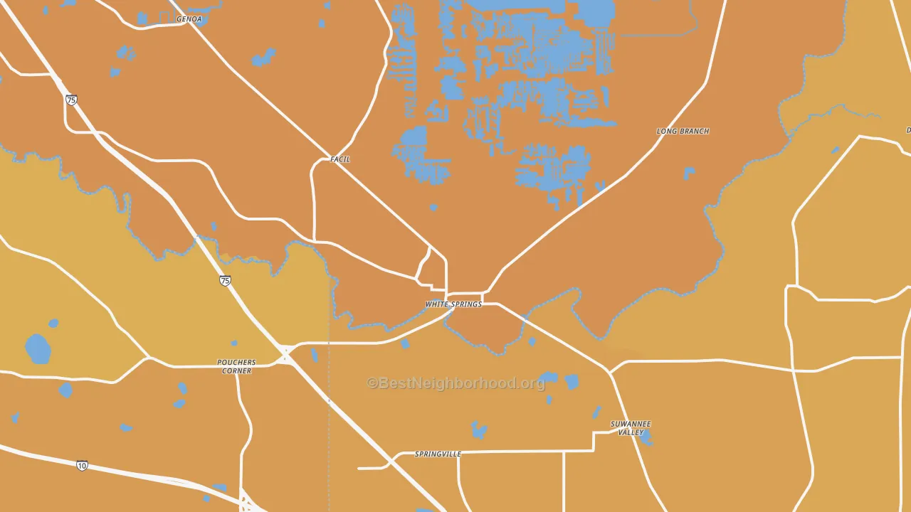 Map of the best neighborhoods in the 32096 area, with better matches in green and worse matches in red