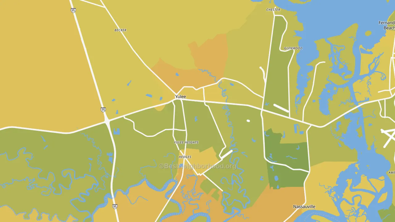 Map of the best neighborhoods in the 32097 area, with better matches in green and worse matches in red