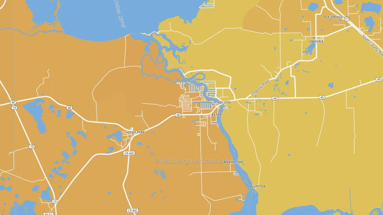 Map of the best neighborhoods in the 32102 area, with better matches in green and worse matches in red
