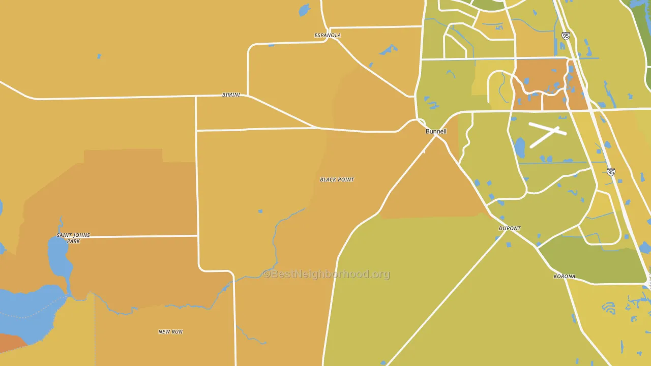 Map of the best neighborhoods in the 32110 area, with better matches in green and worse matches in red