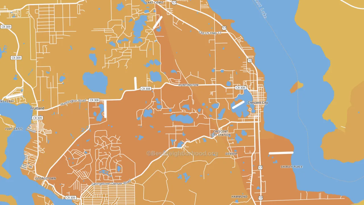Map of the best neighborhoods in the 32112 area, with better matches in green and worse matches in red