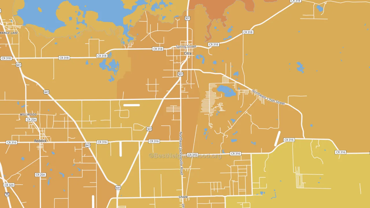 Map of the best neighborhoods in the 32113 area, with better matches in green and worse matches in red