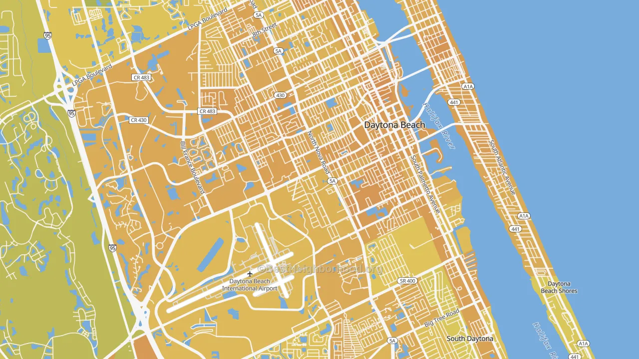 Map of the best neighborhoods in the 32114 area, with better matches in green and worse matches in red