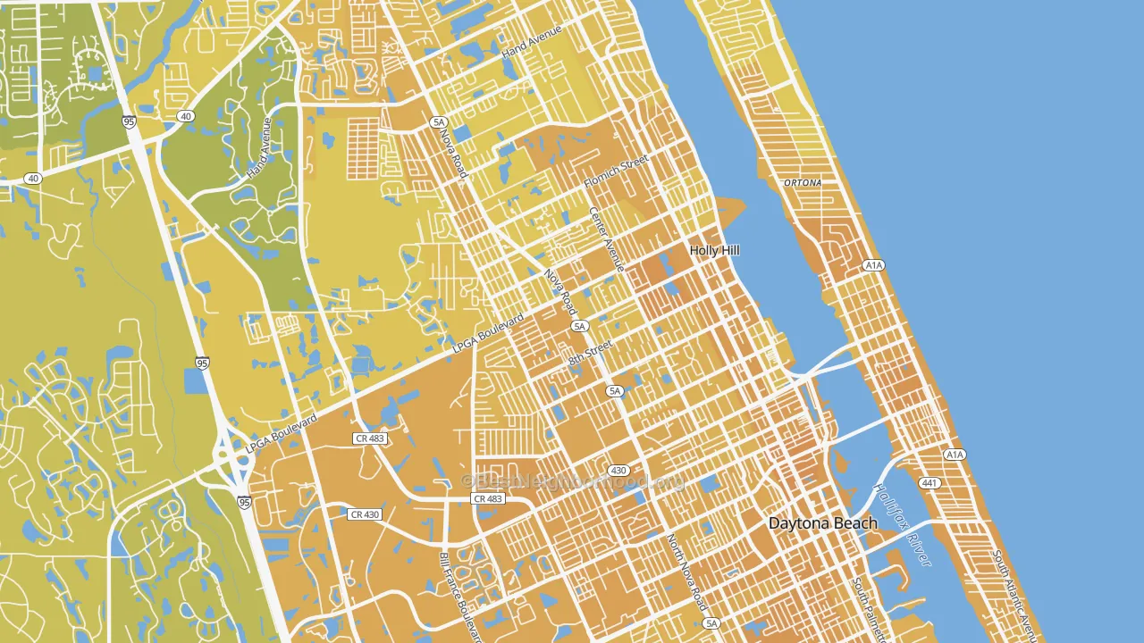 Map of the best neighborhoods in the 32117 area, with better matches in green and worse matches in red