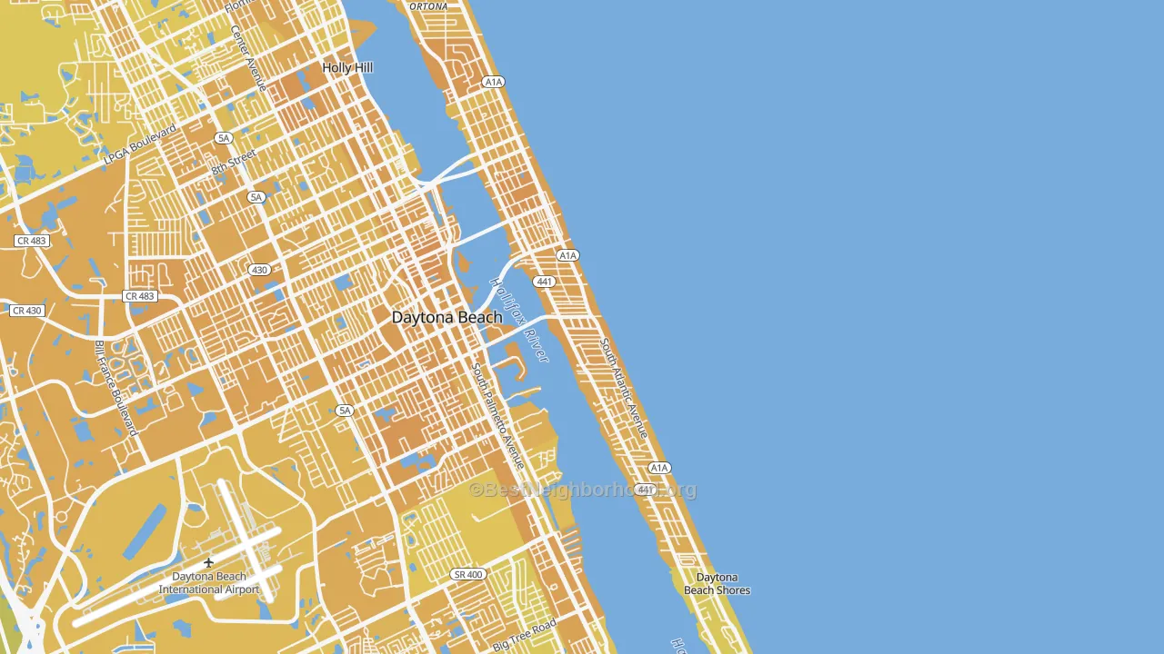 Map of the best neighborhoods in the 32118 area, with better matches in green and worse matches in red