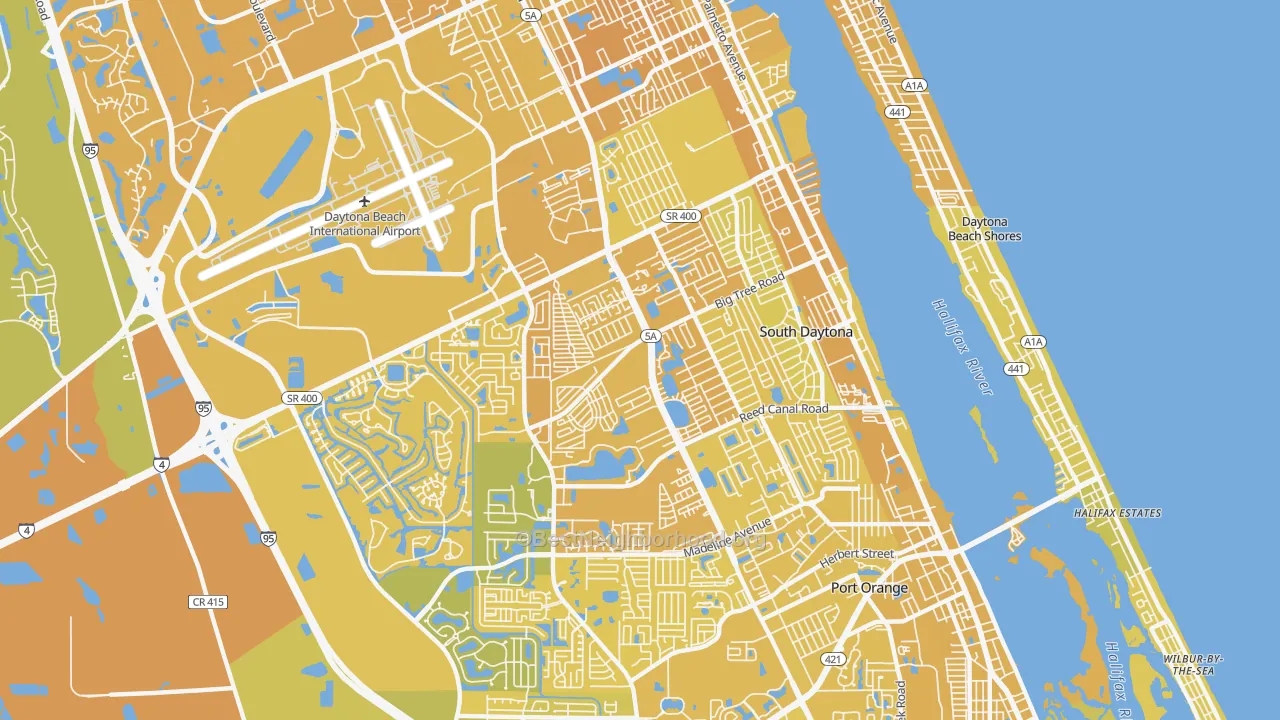 Map of the best neighborhoods in the 32119 area, with better matches in green and worse matches in red