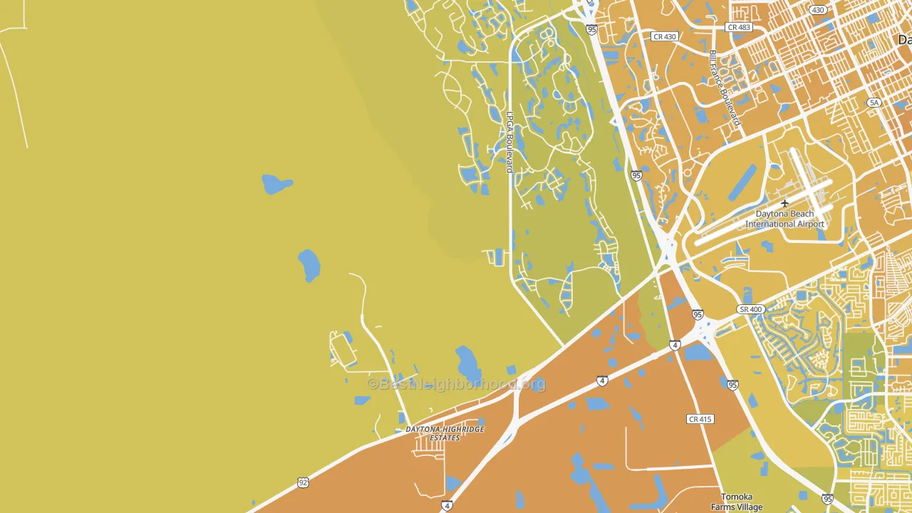Map of the best neighborhoods in the 32124 area, with better matches in green and worse matches in red