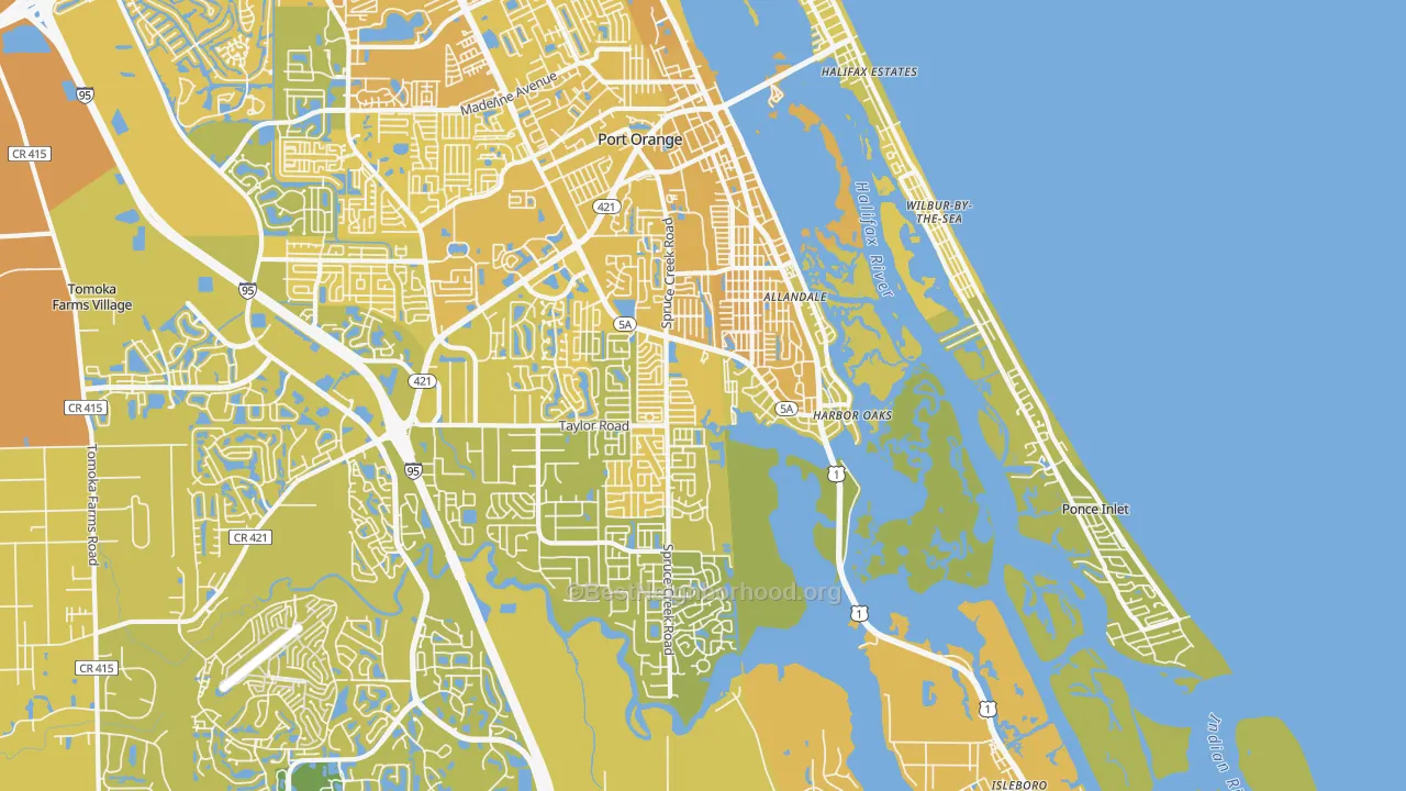 Map of the best neighborhoods in the 32127 area, with better matches in green and worse matches in red