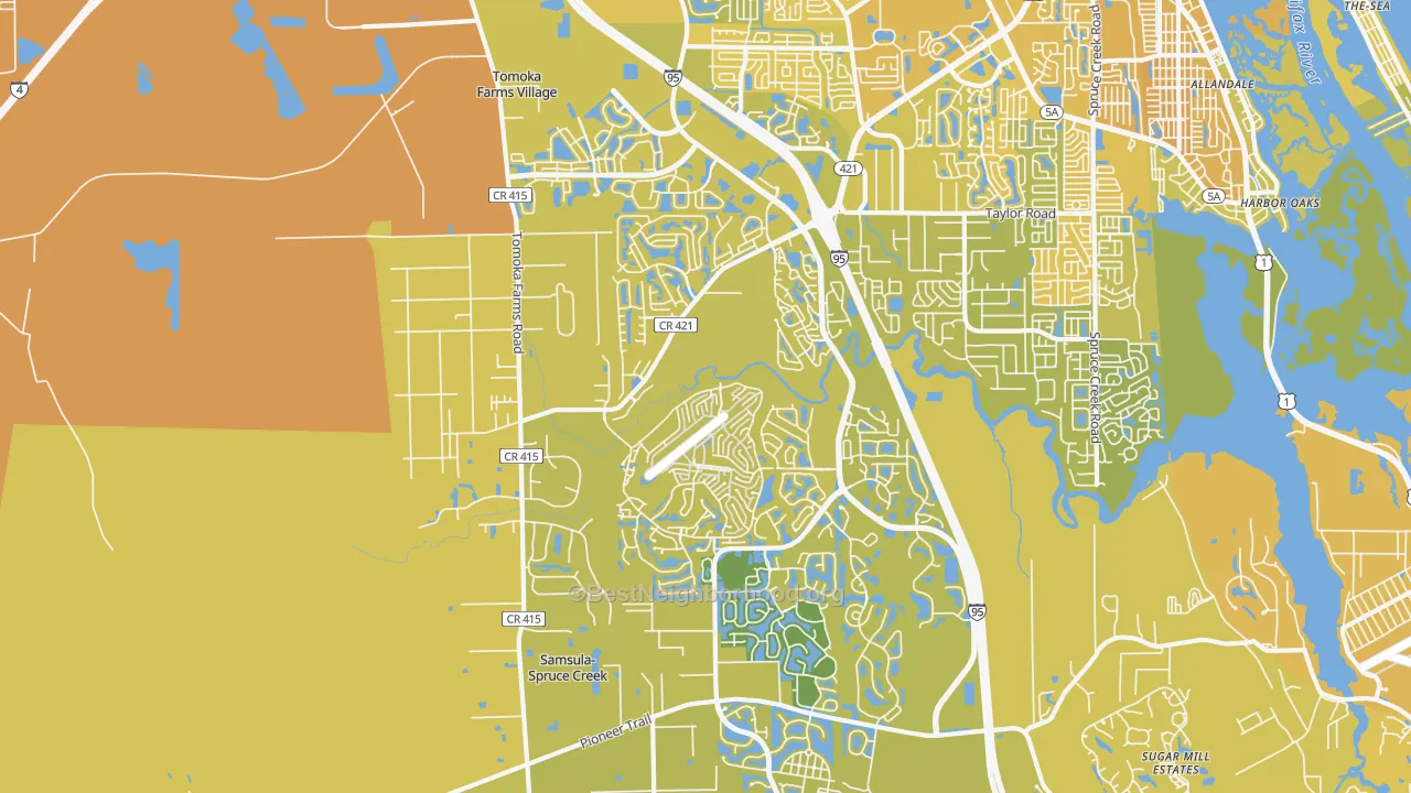 Map of the best neighborhoods in the 32128 area, with better matches in green and worse matches in red