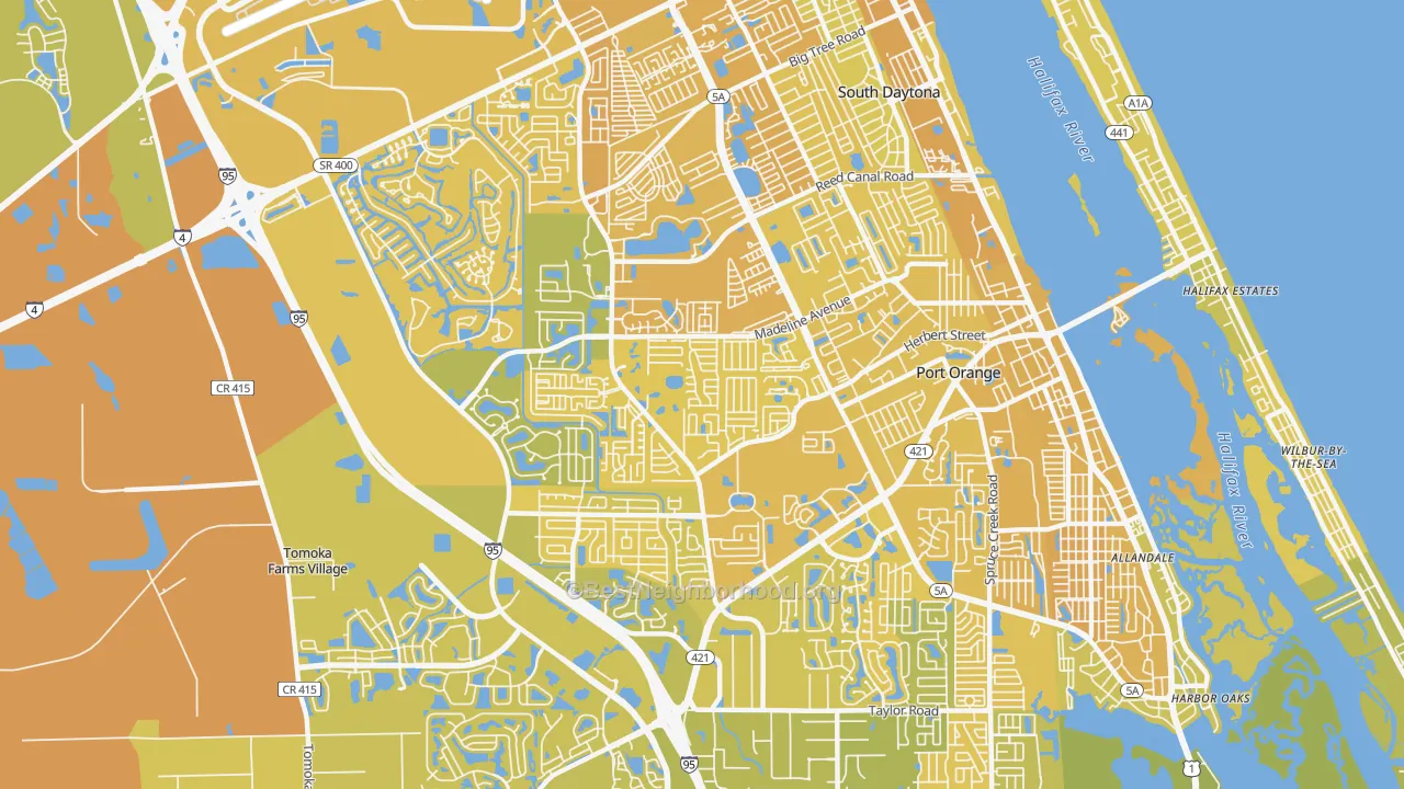 Map of the best neighborhoods in the 32129 area, with better matches in green and worse matches in red