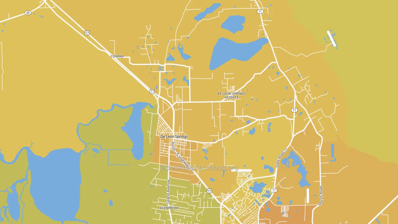 Map of the best neighborhoods in the 32130 area, with better matches in green and worse matches in red