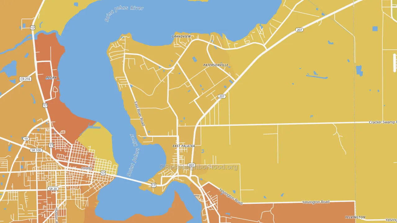 Map of the best neighborhoods in the 32131 area, with better matches in green and worse matches in red