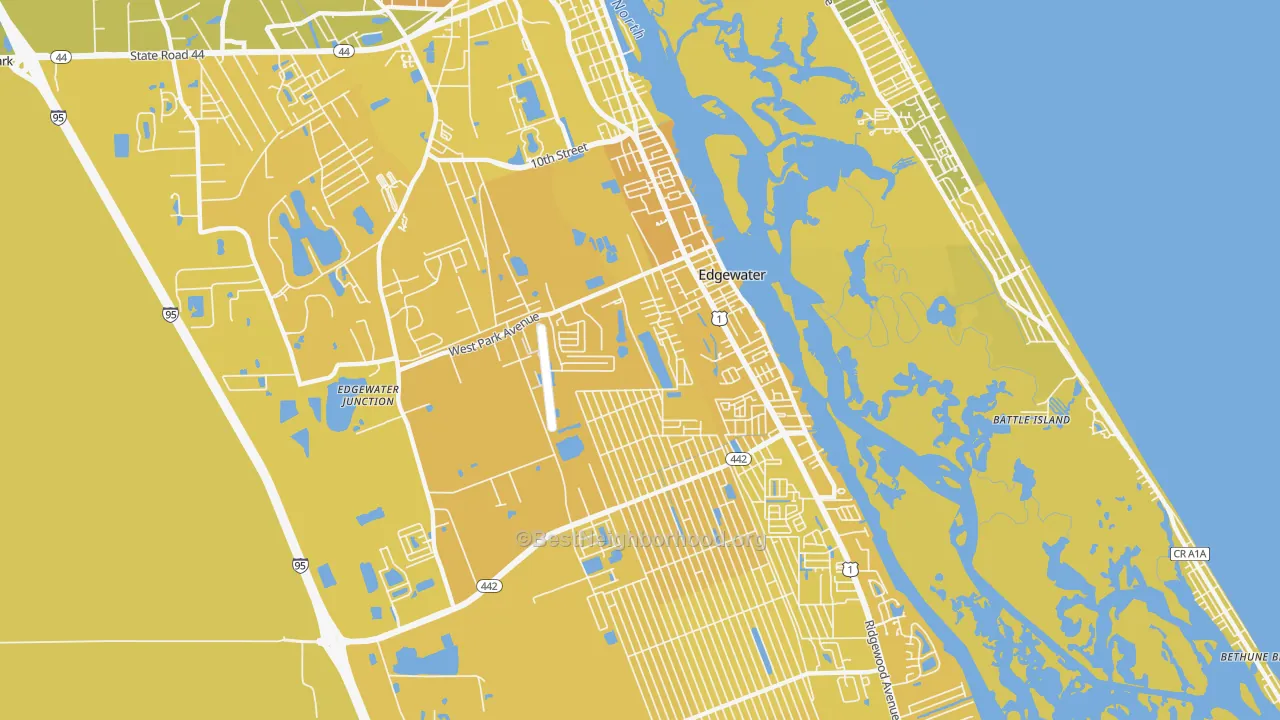 Map of the best neighborhoods in the 32132 area, with better matches in green and worse matches in red