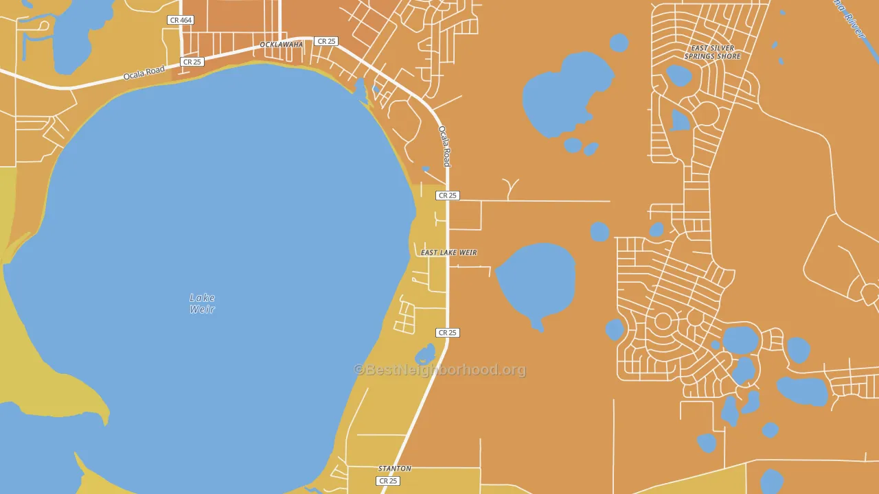 Map of the best neighborhoods in the 32133 area, with better matches in green and worse matches in red