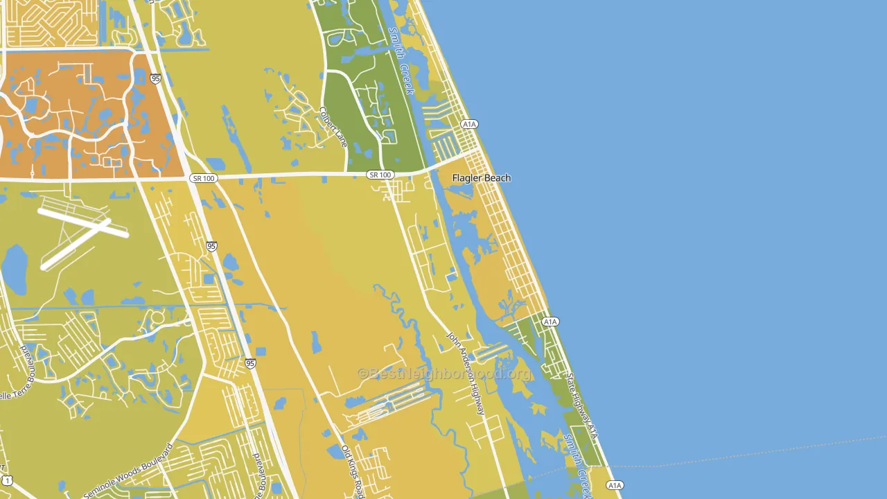 Map of the best neighborhoods in the 32136 area, with better matches in green and worse matches in red