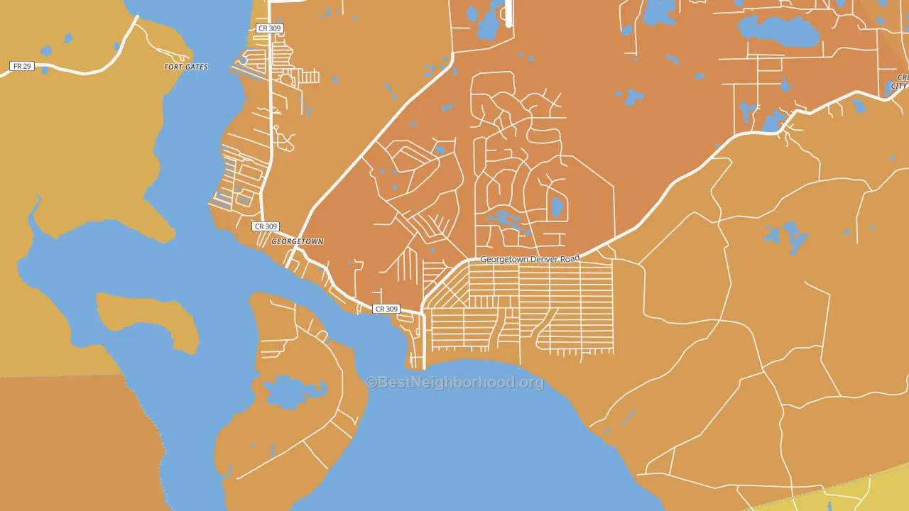 Map of the best neighborhoods in the 32139 area, with better matches in green and worse matches in red
