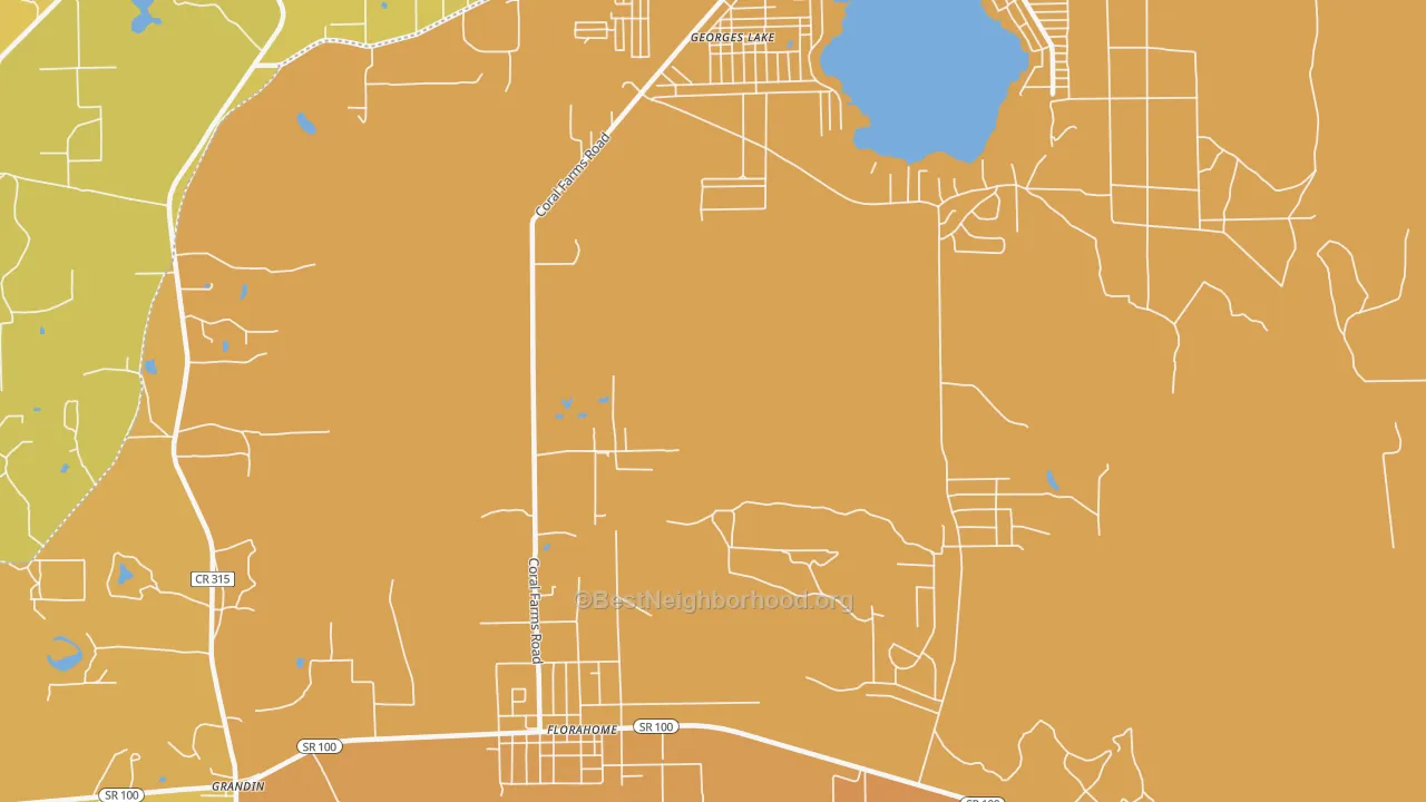Map of the best neighborhoods in the 32140 area, with better matches in green and worse matches in red