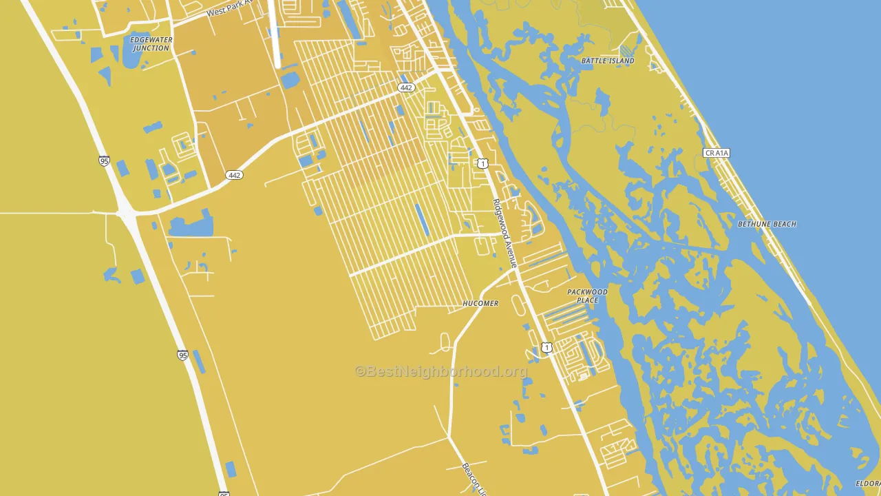 Map of the best neighborhoods in the 32141 area, with better matches in green and worse matches in red