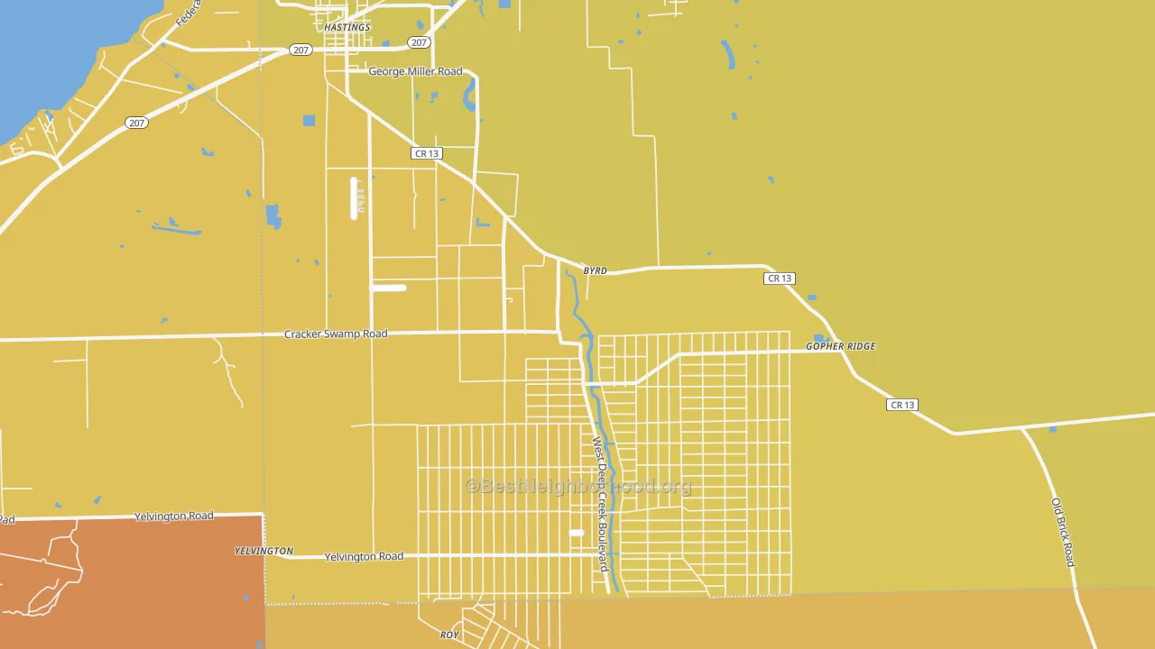 Map of the best neighborhoods in the 32145 area, with better matches in green and worse matches in red