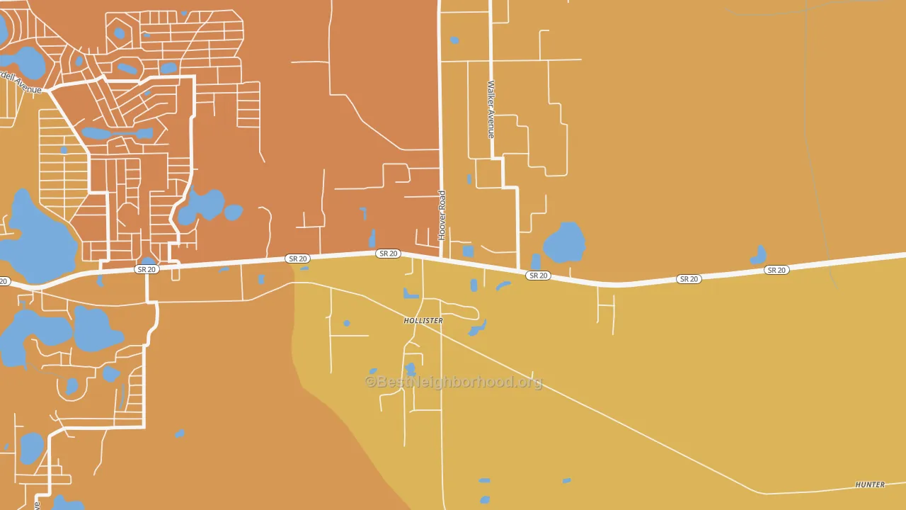 Map of the best neighborhoods in the 32147 area, with better matches in green and worse matches in red